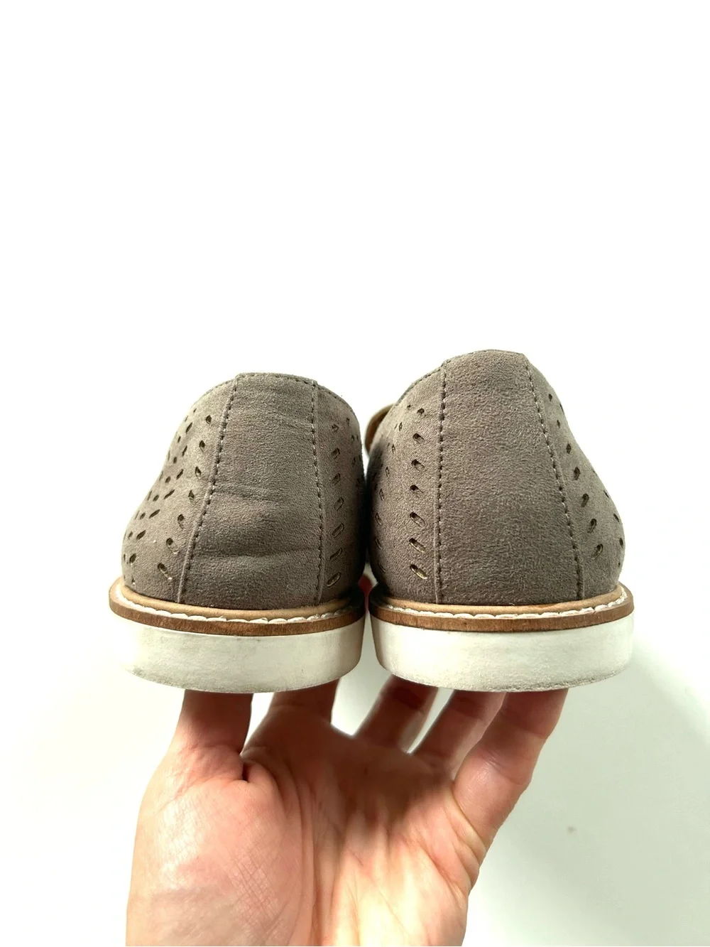 Susina Taupe Perforated Slip-On Suede Loafer Flats